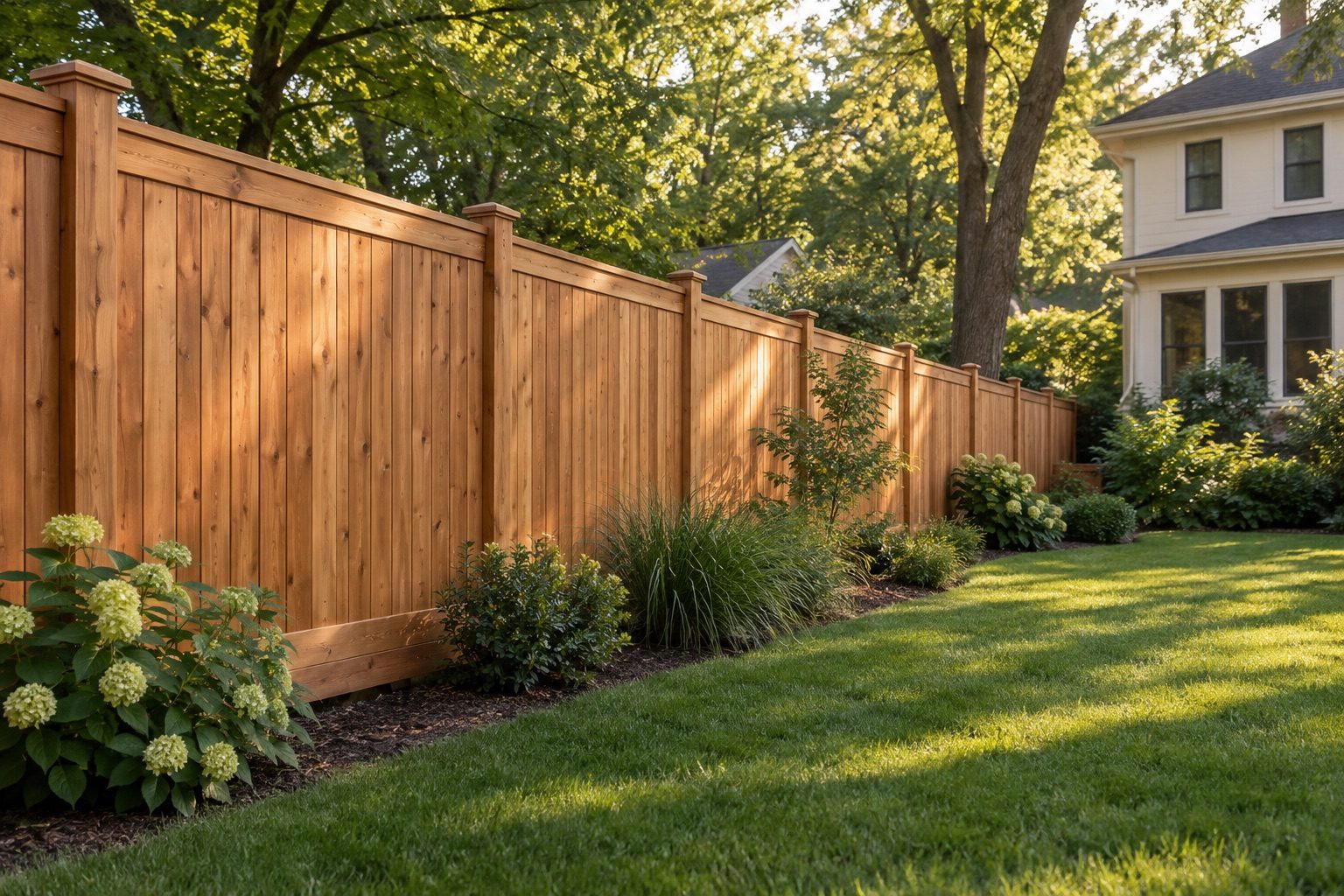 Illustrative cedar fence in a leafy backyard