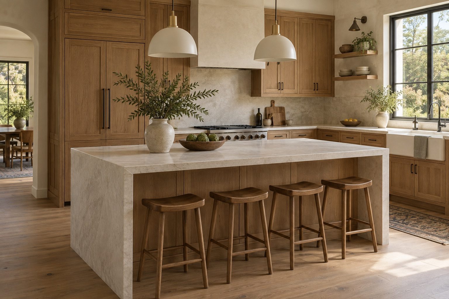 Illustrative kitchen with oak cabinets and a limestone island