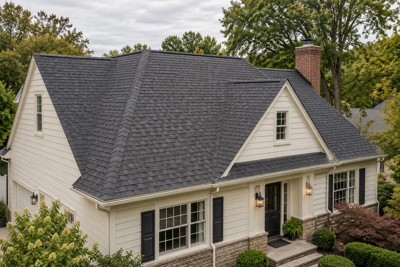 Illustrative charcoal shingle roof on a leafy suburban property