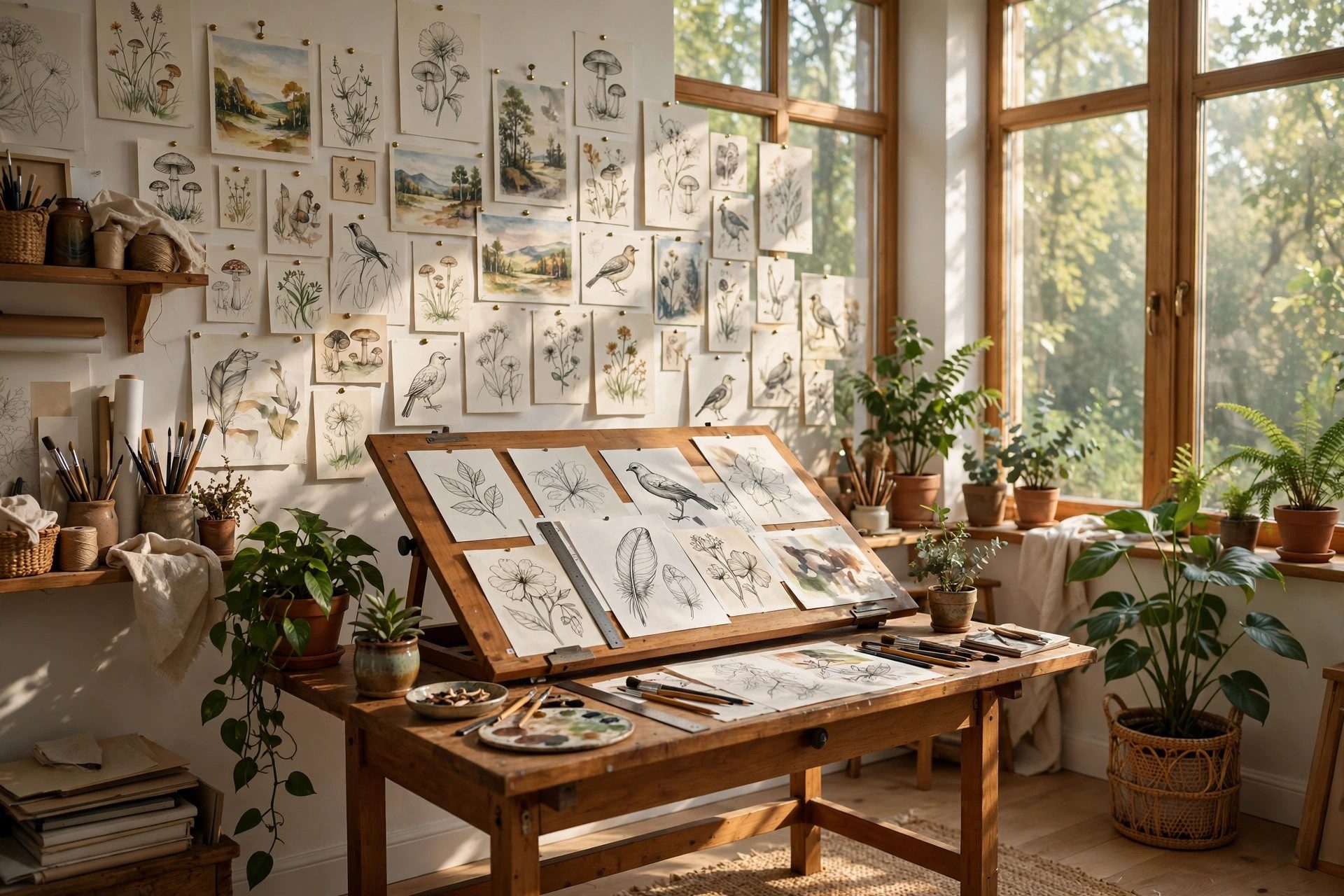 Illustrative bright artist studio, shown as concept imagery